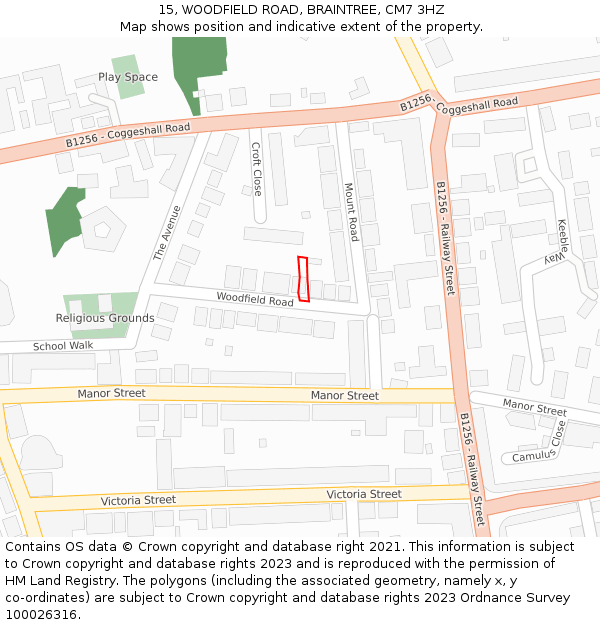 15, WOODFIELD ROAD, BRAINTREE, CM7 3HZ: Location map and indicative extent of plot