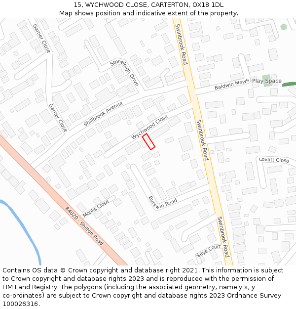 15, WYCHWOOD CLOSE, CARTERTON, OX18 1DL: Location map and indicative extent of plot