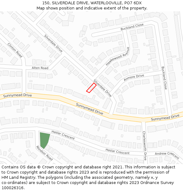 150, SILVERDALE DRIVE, WATERLOOVILLE, PO7 6DX: Location map and indicative extent of plot