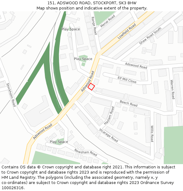 151, ADSWOOD ROAD, STOCKPORT, SK3 8HW: Location map and indicative extent of plot