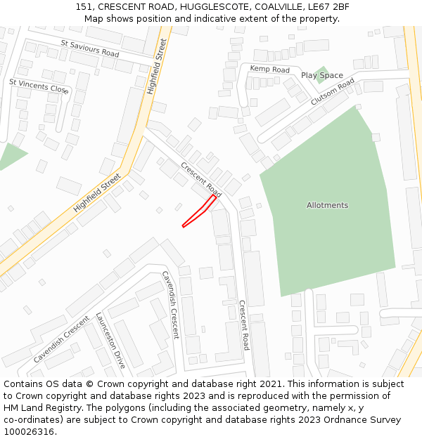 151, CRESCENT ROAD, HUGGLESCOTE, COALVILLE, LE67 2BF: Location map and indicative extent of plot