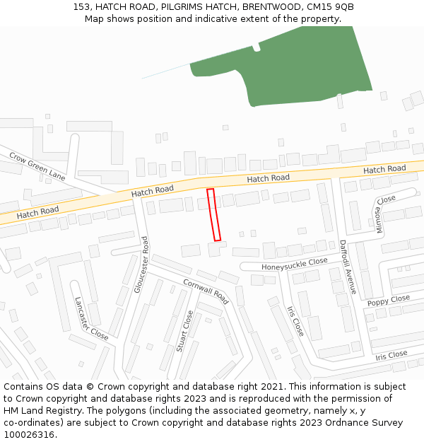 153, HATCH ROAD, PILGRIMS HATCH, BRENTWOOD, CM15 9QB: Location map and indicative extent of plot