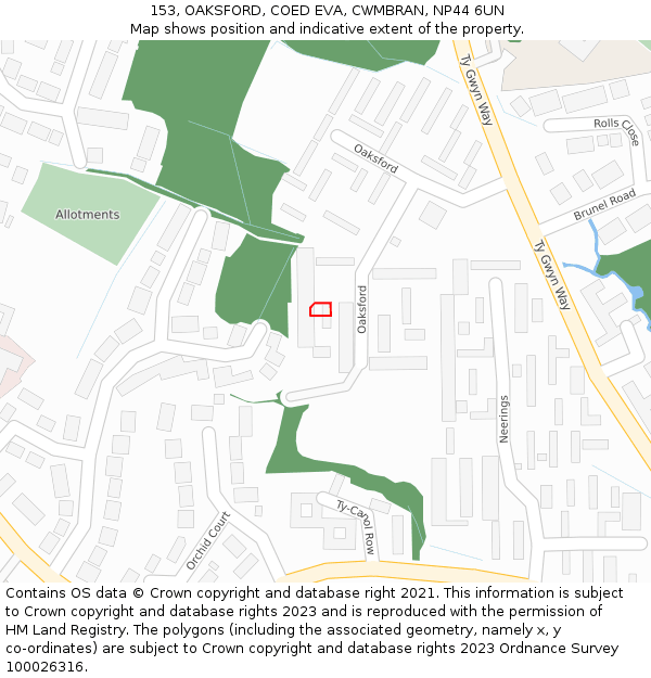 153, OAKSFORD, COED EVA, CWMBRAN, NP44 6UN: Location map and indicative extent of plot