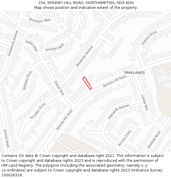 154, SPINNEY HILL ROAD, NORTHAMPTON, NN3 6DN: Location map and indicative extent of plot