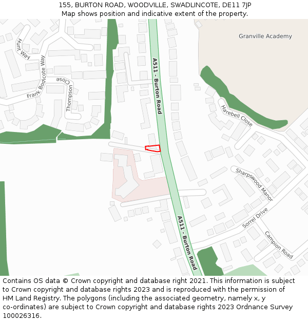 155, BURTON ROAD, WOODVILLE, SWADLINCOTE, DE11 7JP: Location map and indicative extent of plot