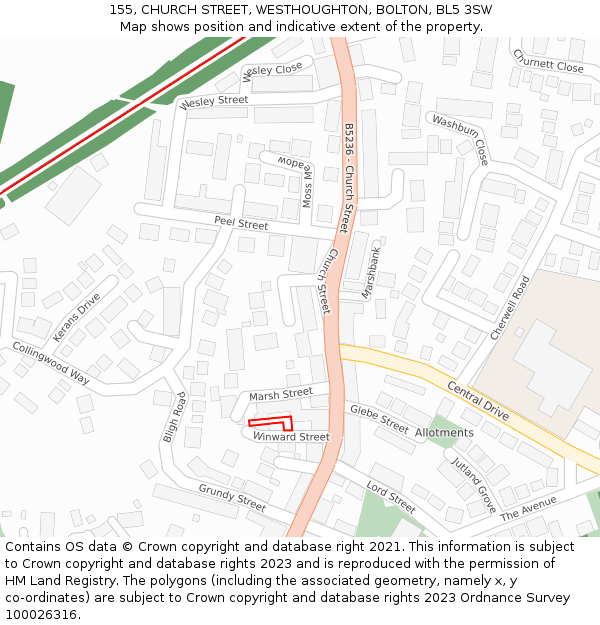 155, CHURCH STREET, WESTHOUGHTON, BOLTON, BL5 3SW: Location map and indicative extent of plot