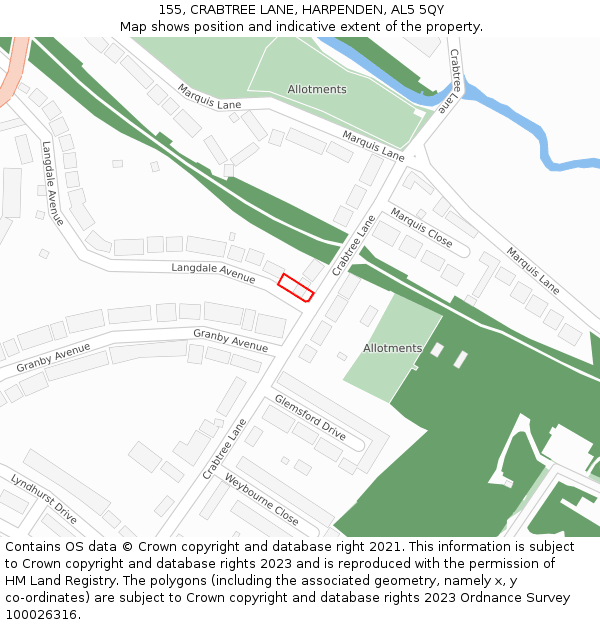 155, CRABTREE LANE, HARPENDEN, AL5 5QY: Location map and indicative extent of plot