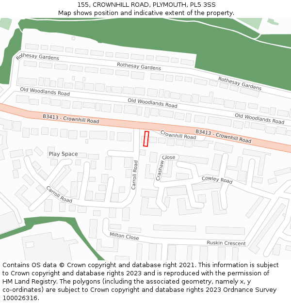 155, CROWNHILL ROAD, PLYMOUTH, PL5 3SS: Location map and indicative extent of plot