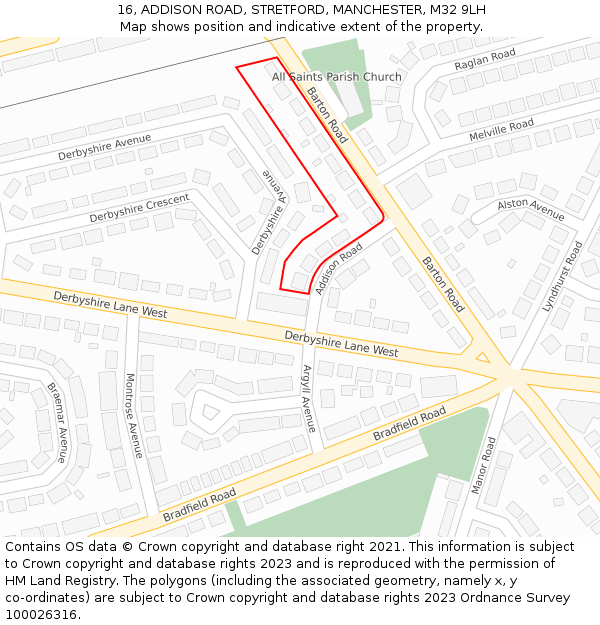 16, ADDISON ROAD, STRETFORD, MANCHESTER, M32 9LH: Location map and indicative extent of plot