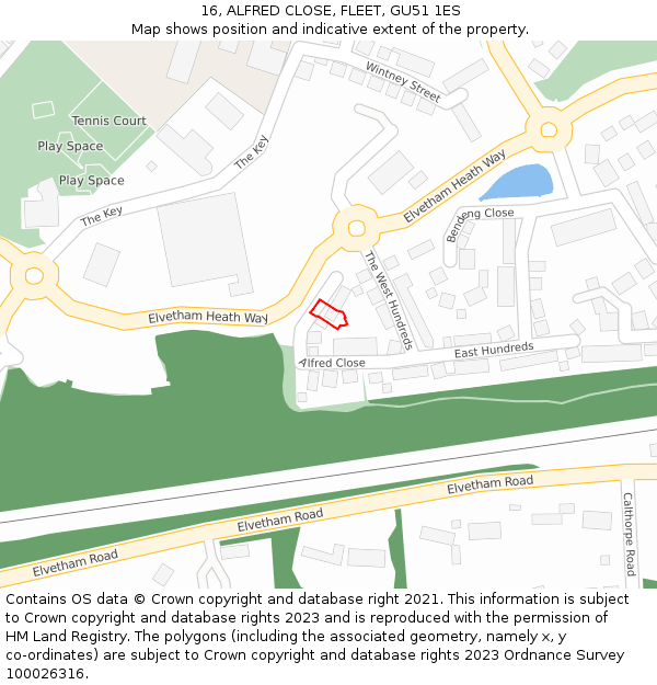 16, ALFRED CLOSE, FLEET, GU51 1ES: Location map and indicative extent of plot