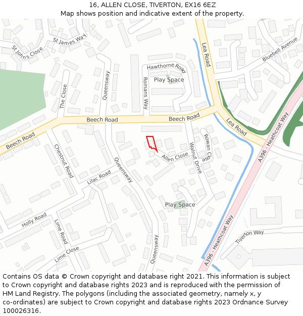 16, ALLEN CLOSE, TIVERTON, EX16 6EZ: Location map and indicative extent of plot