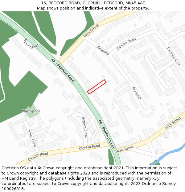 16, BEDFORD ROAD, CLOPHILL, BEDFORD, MK45 4AE: Location map and indicative extent of plot