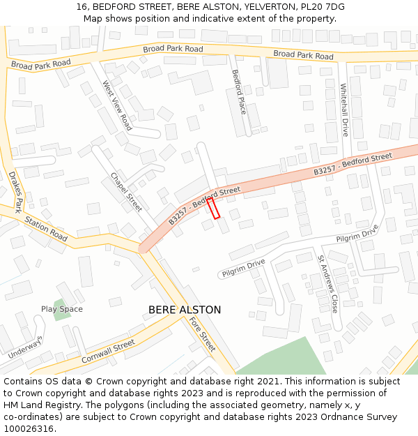 16, BEDFORD STREET, BERE ALSTON, YELVERTON, PL20 7DG: Location map and indicative extent of plot