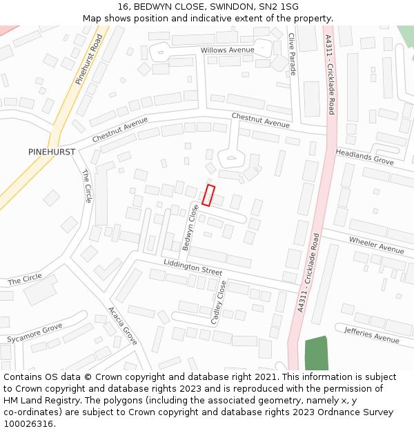 16, BEDWYN CLOSE, SWINDON, SN2 1SG: Location map and indicative extent of plot