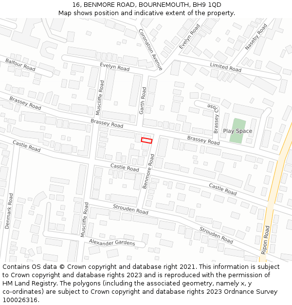 16, BENMORE ROAD, BOURNEMOUTH, BH9 1QD: Location map and indicative extent of plot