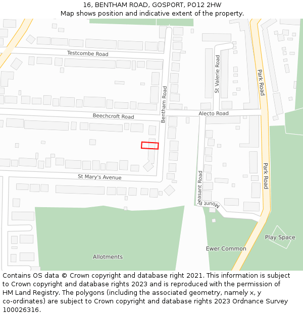 16, BENTHAM ROAD, GOSPORT, PO12 2HW: Location map and indicative extent of plot