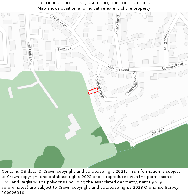 16, BERESFORD CLOSE, SALTFORD, BRISTOL, BS31 3HU: Location map and indicative extent of plot