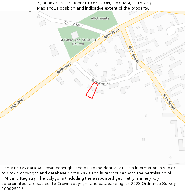 16, BERRYBUSHES, MARKET OVERTON, OAKHAM, LE15 7PQ: Location map and indicative extent of plot