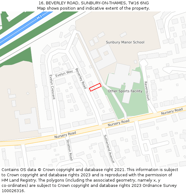 16, BEVERLEY ROAD, SUNBURY-ON-THAMES, TW16 6NG: Location map and indicative extent of plot