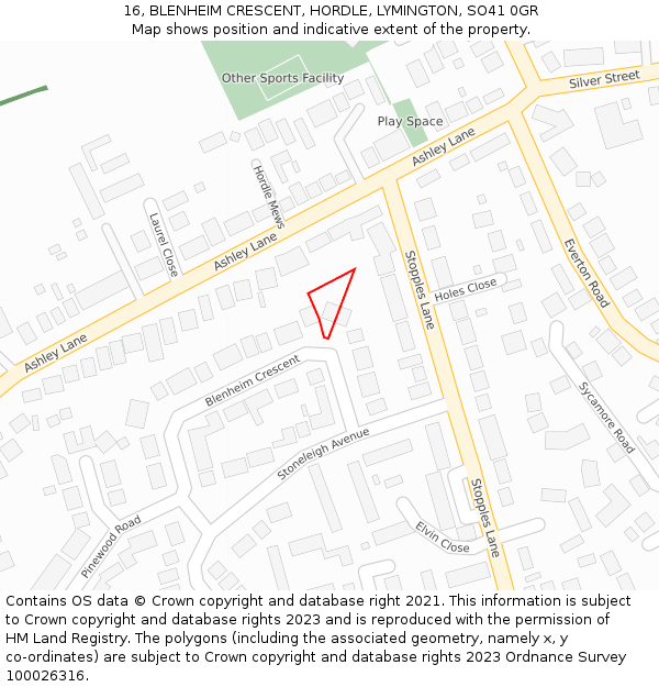 16, BLENHEIM CRESCENT, HORDLE, LYMINGTON, SO41 0GR: Location map and indicative extent of plot