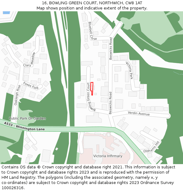 16, BOWLING GREEN COURT, NORTHWICH, CW8 1AT: Location map and indicative extent of plot