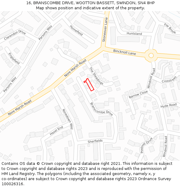 16, BRANSCOMBE DRIVE, WOOTTON BASSETT, SWINDON, SN4 8HP: Location map and indicative extent of plot