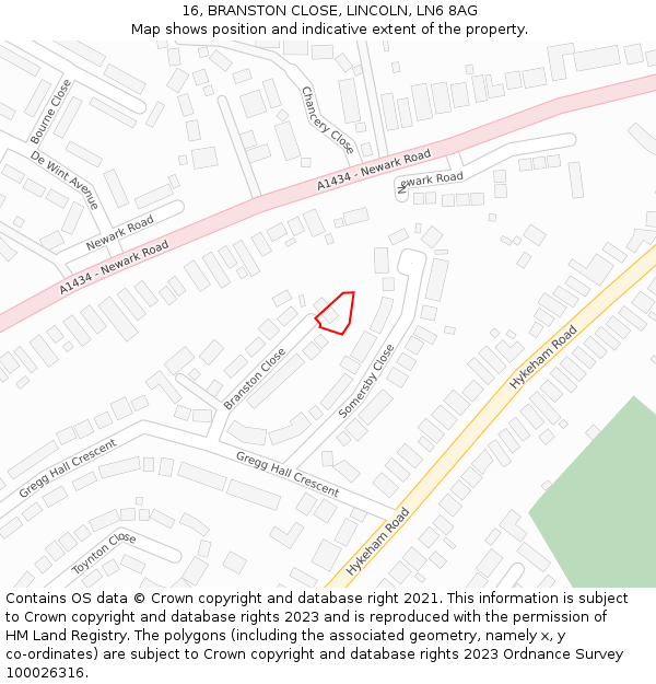 16, BRANSTON CLOSE, LINCOLN, LN6 8AG: Location map and indicative extent of plot