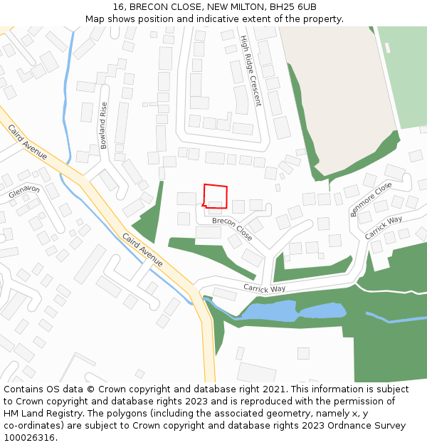 16, BRECON CLOSE, NEW MILTON, BH25 6UB: Location map and indicative extent of plot