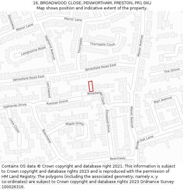 16, BROADWOOD CLOSE, PENWORTHAM, PRESTON, PR1 0XU: Location map and indicative extent of plot