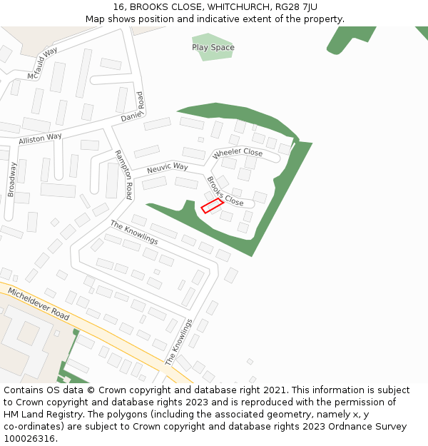 16, BROOKS CLOSE, WHITCHURCH, RG28 7JU: Location map and indicative extent of plot