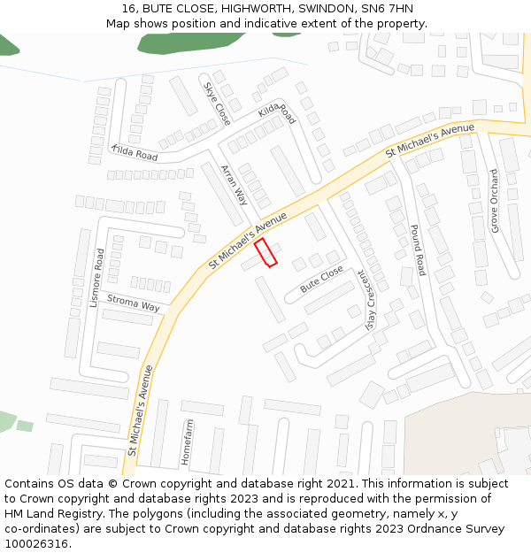 16, BUTE CLOSE, HIGHWORTH, SWINDON, SN6 7HN: Location map and indicative extent of plot