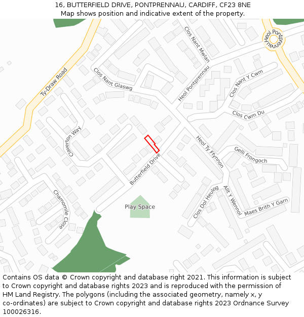 16, BUTTERFIELD DRIVE, PONTPRENNAU, CARDIFF, CF23 8NE: Location map and indicative extent of plot