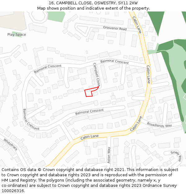 16, CAMPBELL CLOSE, OSWESTRY, SY11 2XW: Location map and indicative extent of plot