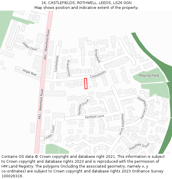 16, CASTLEFIELDS, ROTHWELL, LEEDS, LS26 0GN: Location map and indicative extent of plot