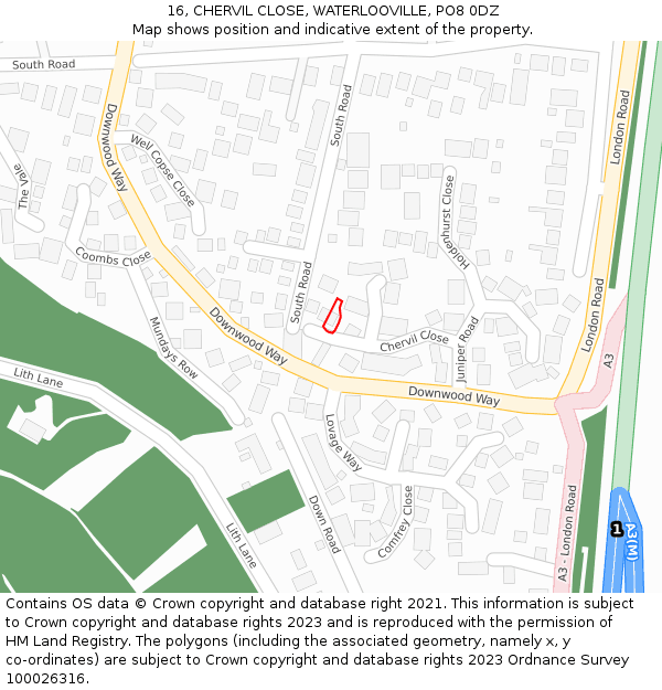 16, CHERVIL CLOSE, WATERLOOVILLE, PO8 0DZ: Location map and indicative extent of plot