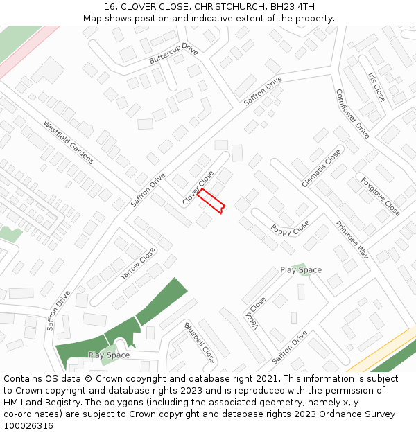 16, CLOVER CLOSE, CHRISTCHURCH, BH23 4TH: Location map and indicative extent of plot