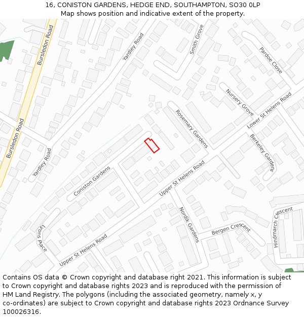 16, CONISTON GARDENS, HEDGE END, SOUTHAMPTON, SO30 0LP: Location map and indicative extent of plot