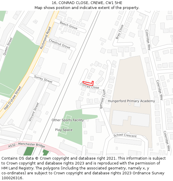 16, CONRAD CLOSE, CREWE, CW1 5HE: Location map and indicative extent of plot