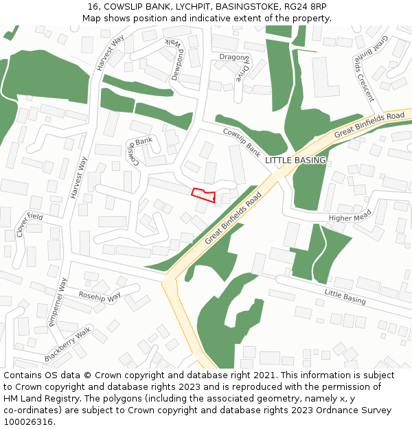 16, COWSLIP BANK, LYCHPIT, BASINGSTOKE, RG24 8RP: Location map and indicative extent of plot