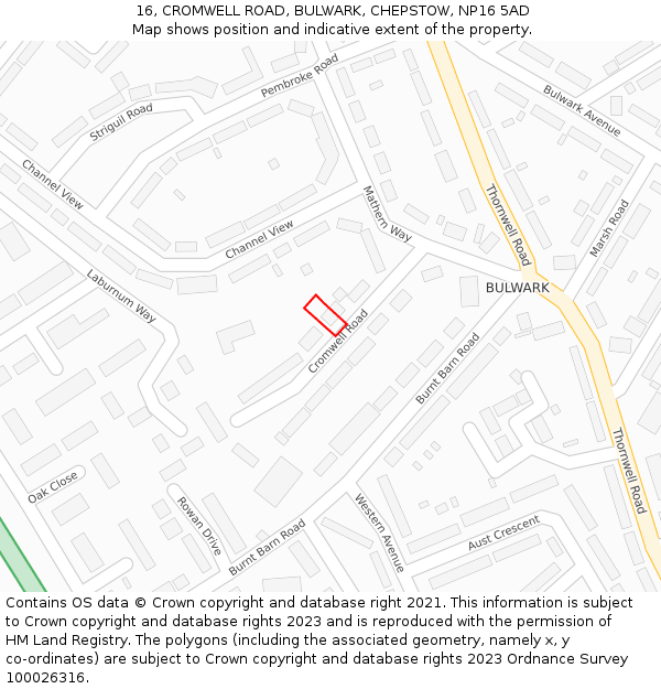 16, CROMWELL ROAD, BULWARK, CHEPSTOW, NP16 5AD: Location map and indicative extent of plot