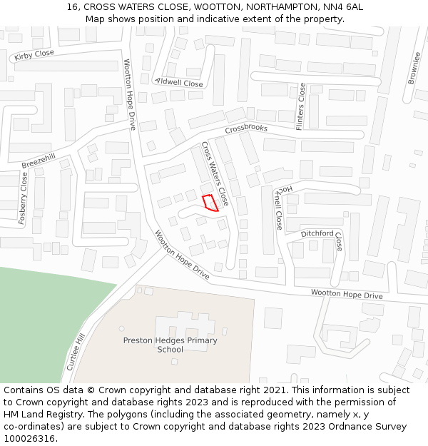 16, CROSS WATERS CLOSE, WOOTTON, NORTHAMPTON, NN4 6AL: Location map and indicative extent of plot