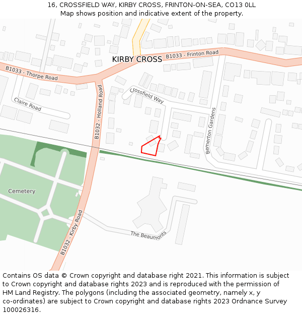 16, CROSSFIELD WAY, KIRBY CROSS, FRINTON-ON-SEA, CO13 0LL: Location map and indicative extent of plot