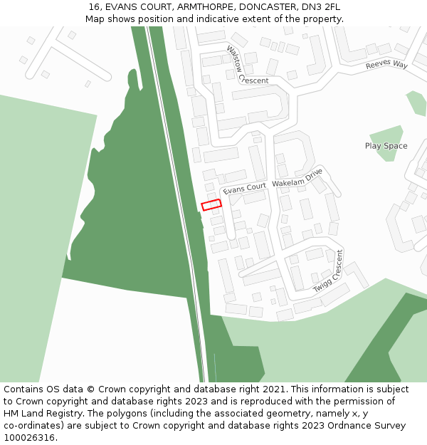 16, EVANS COURT, ARMTHORPE, DONCASTER, DN3 2FL: Location map and indicative extent of plot