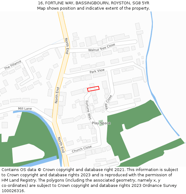 16, FORTUNE WAY, BASSINGBOURN, ROYSTON, SG8 5YR: Location map and indicative extent of plot