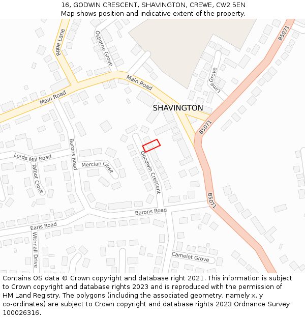 16, GODWIN CRESCENT, SHAVINGTON, CREWE, CW2 5EN: Location map and indicative extent of plot