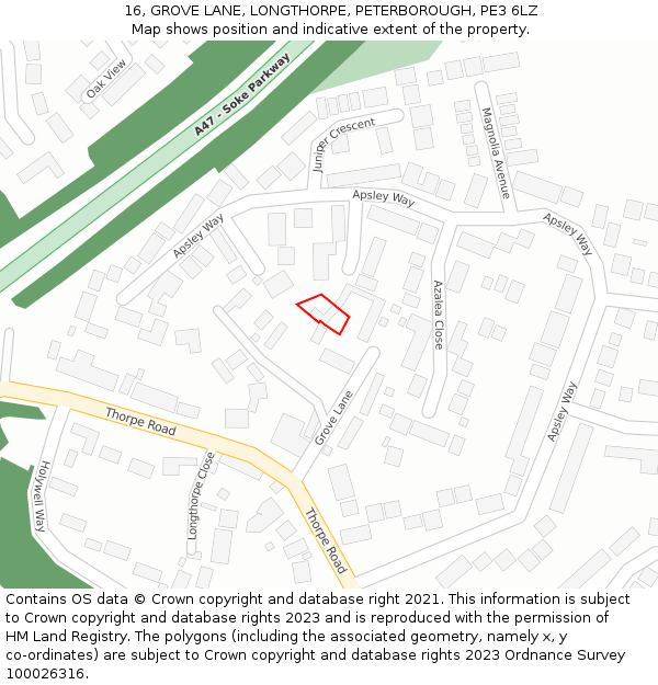 16, GROVE LANE, LONGTHORPE, PETERBOROUGH, PE3 6LZ: Location map and indicative extent of plot