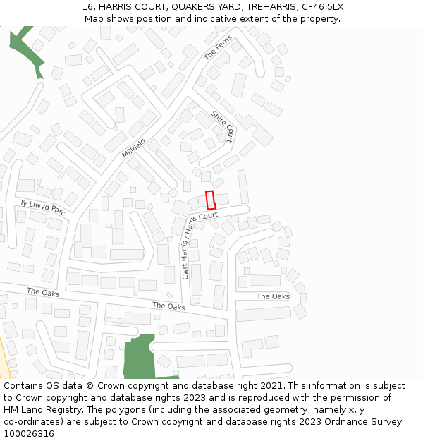 16, HARRIS COURT, QUAKERS YARD, TREHARRIS, CF46 5LX: Location map and indicative extent of plot