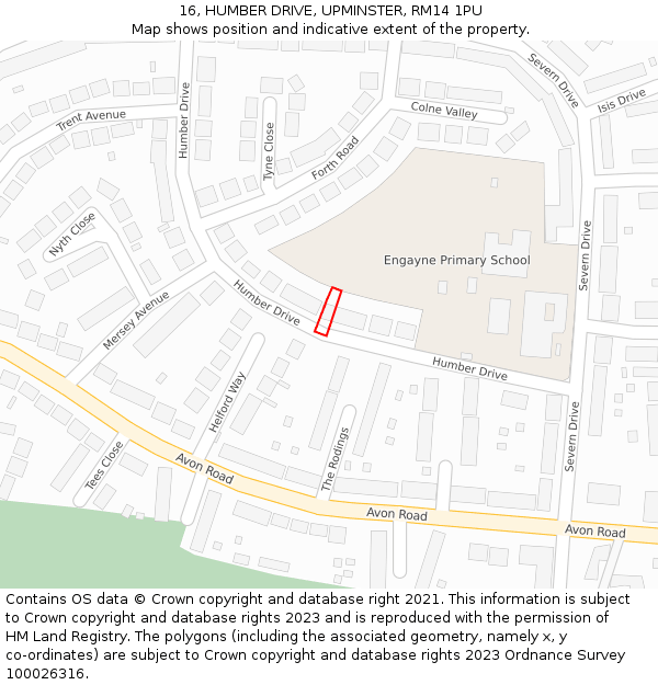 16, HUMBER DRIVE, UPMINSTER, RM14 1PU: Location map and indicative extent of plot