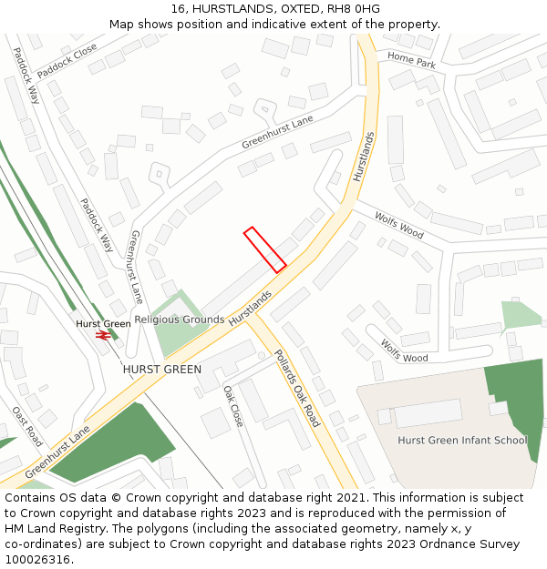 16, HURSTLANDS, OXTED, RH8 0HG: Location map and indicative extent of plot