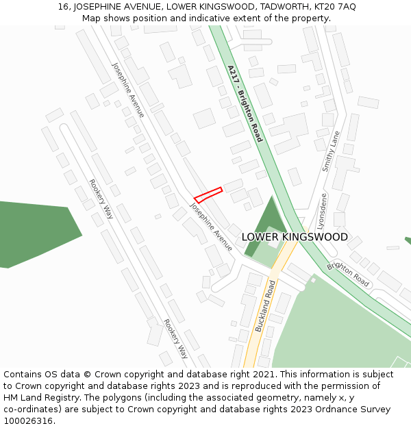 16, JOSEPHINE AVENUE, LOWER KINGSWOOD, TADWORTH, KT20 7AQ: Location map and indicative extent of plot